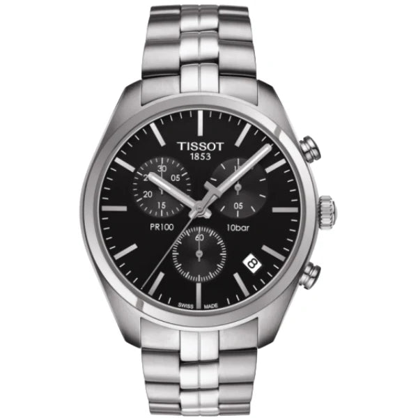 Tissot PR 100 Silver Stainless Steel Black Dial Chronograph Quartz Watch for Men's - T101.417.11.051.00