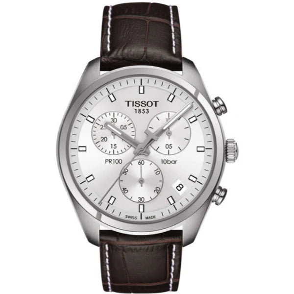 Tissot PR 100 Brown Leather Strap Silver Dial Chronograph Quartz Watch for Men's - T101.417.16.031.00