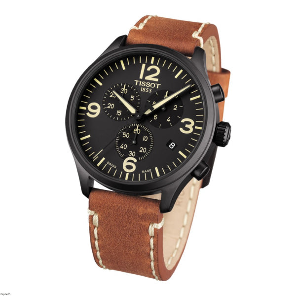 Tissot Chrono XL Beige Leather Black Dial Quartz Watch for Men's- T 116.617.36.057.00
