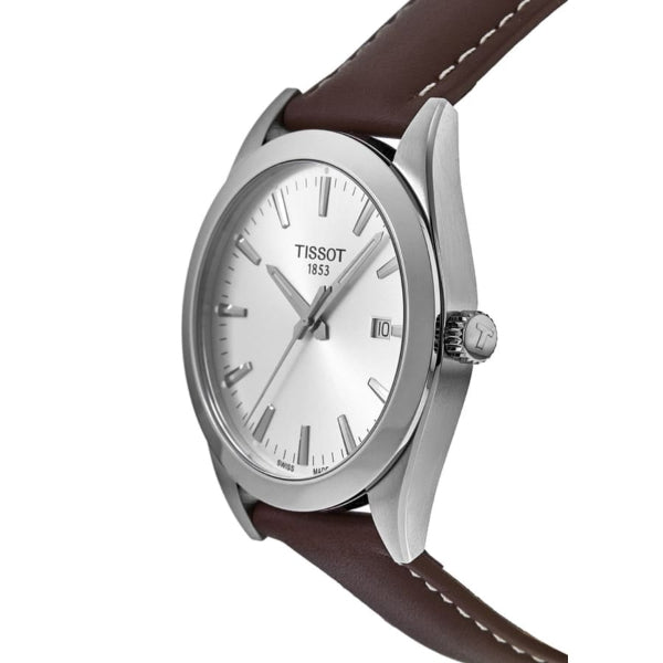 Tissot Gentleman Brown Leather Strap Silver Dial Quartz Watch for Men's - T127.410.16.031.00